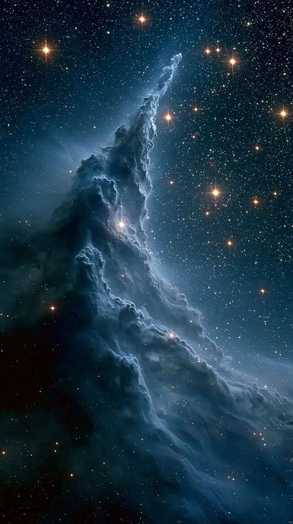 A towering dark nebula rises through a star-filled sky, obscuring distant starlight with dense clouds of cosmic dust.