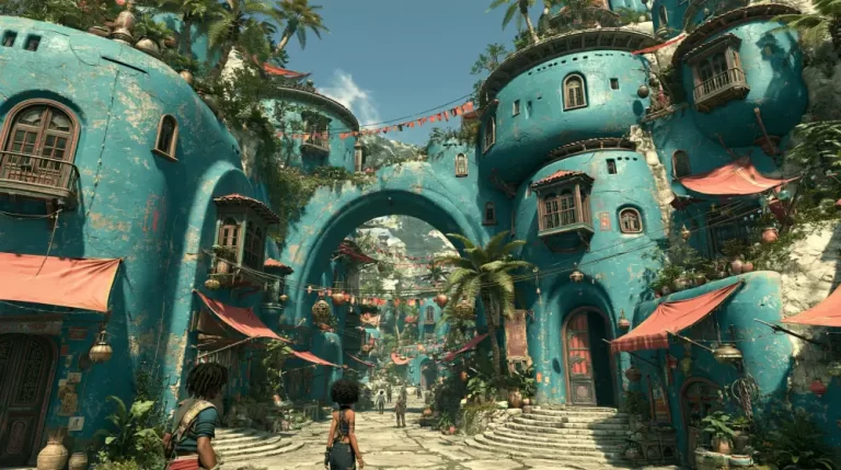A sunlit marketplace street between rounded turquoise stone houses with red canopies and an arched stone gateway