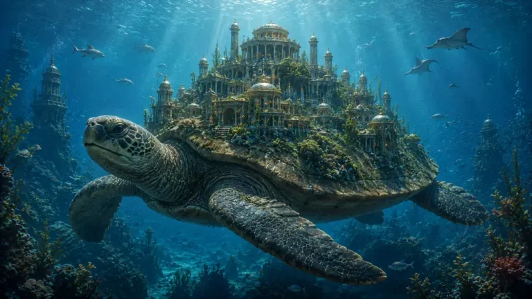 A giant sea turtle carries an ornate underwater kingdom covered with towers, domes, and coral.