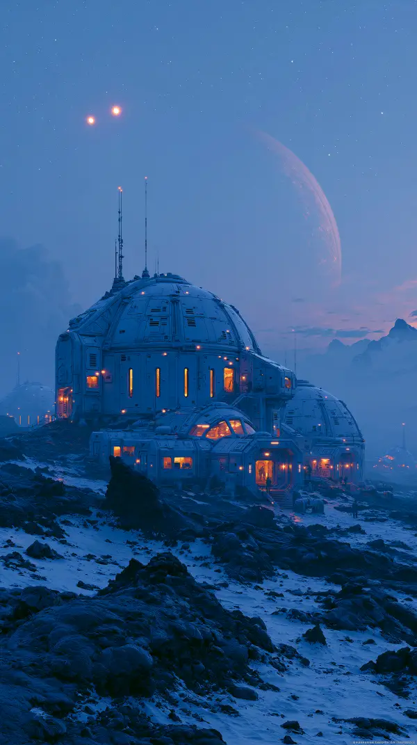 A futuristic planetary research colony with illuminated domes stands on a rocky alien world beneath a ringed planet and twin suns.