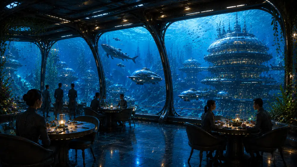 People dine inside a glass underwater restaurant overlooking a glowing ocean city and swimming fish.