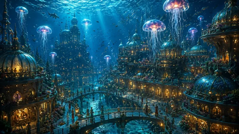 Large underwater capital city with golden domes, bridges, glowing windows, jellyfish, and people moving through the streets.