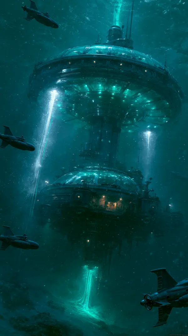 A massive dual-dome underwater research station illuminated by turquoise lights as submarines patrol the deep ocean.