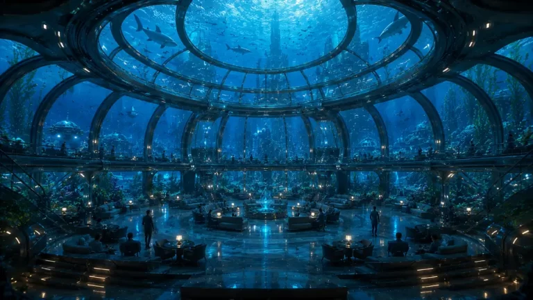 A vast underwater city sits beneath a huge glass dome filled with lights, people, coral, and ocean life.