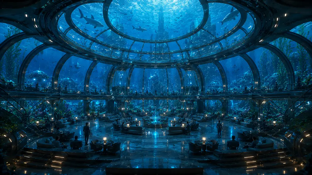 A vast underwater city sits beneath a huge glass dome filled with lights, people, coral, and ocean life.