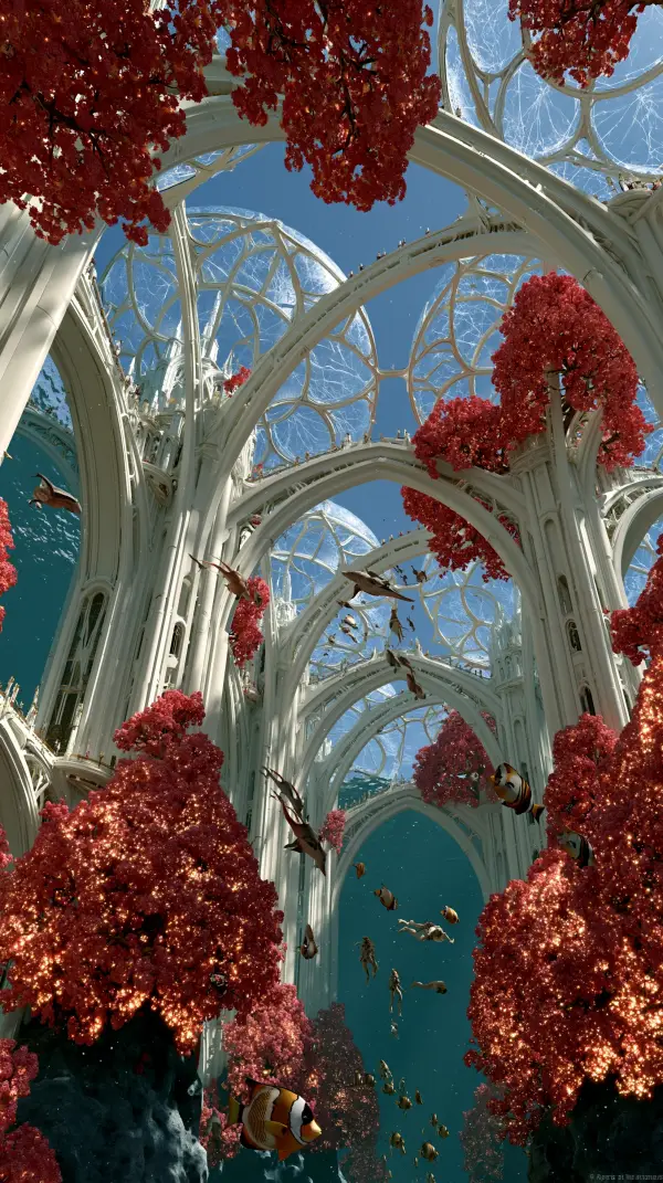 Elegant underwater glass domes and soaring white arches surround vibrant coral trees as fish and visitors drift through a magnificent marine city.
