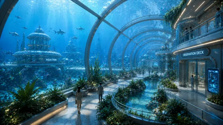 Underwater glass research station with a curved observation tunnel, marine plants, fish, and people looking across the ocean habitat.