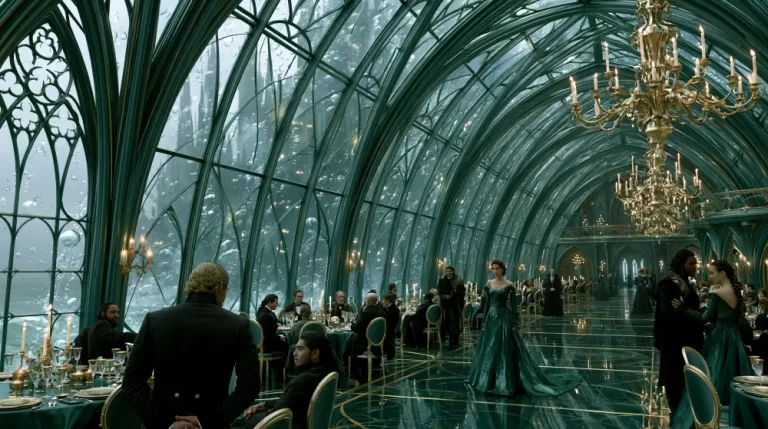 A grand underwater banquet hall with a curved glass ceiling revealing ocean water bubbles and a distant castle as robed guests dine