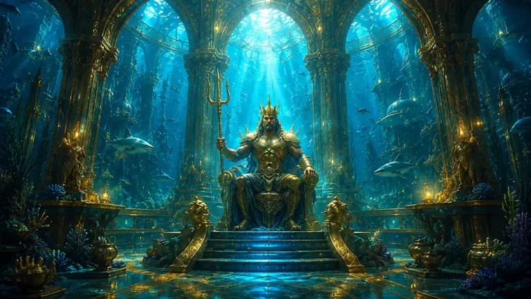 Regal underwater throne hall with a crowned sea king, glowing arches, sharks, columns, and ceremonial golden details.