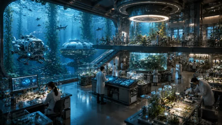 Scientists work inside a glass underwater marine laboratory filled with equipment, plants, and ocean views.
