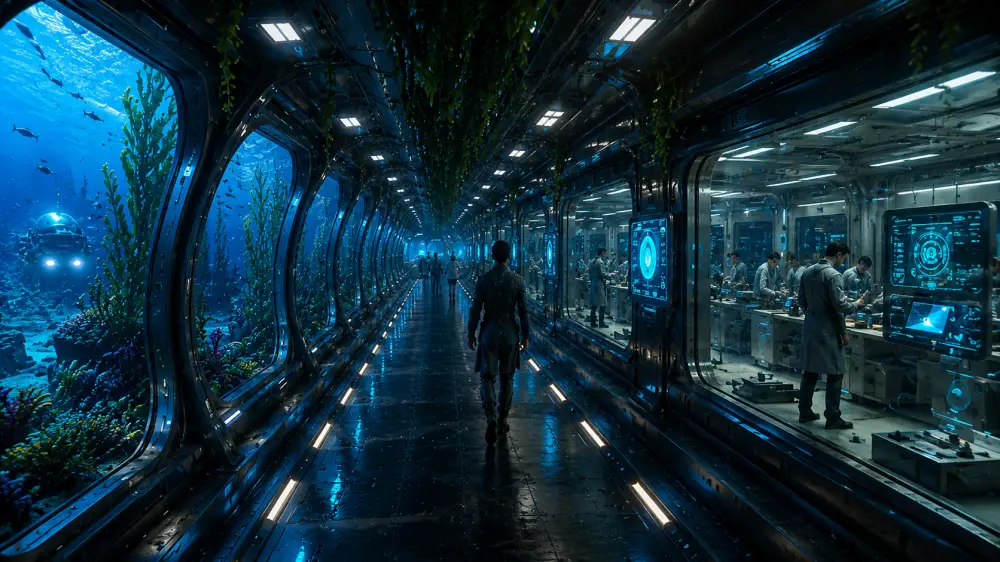 A person walks through a futuristic underwater corridor beside laboratories and glowing ocean windows.