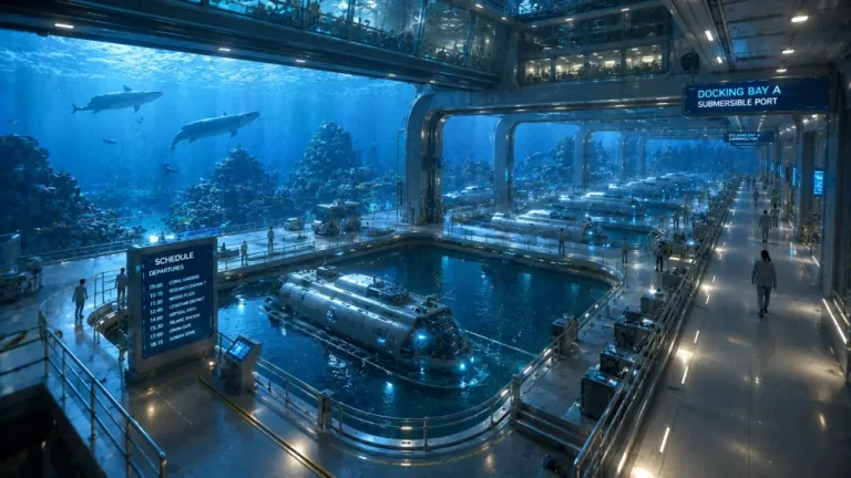 A large underwater harbor holds submarines inside a glass-walled facility surrounded by coral and sea life.