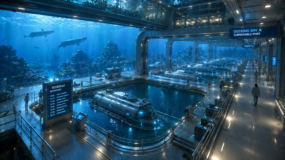 A large underwater harbor holds submarines inside a glass-walled facility surrounded by coral and sea life.