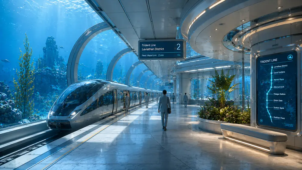 A sleek underwater train waits at a bright glass station surrounded by coral and blue ocean water.