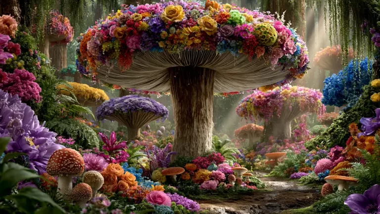 A large textured mushroom tree with a dense cap made entirely of colorful blooming flowers standing over a forest path