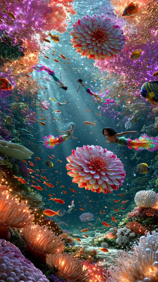Colorful mermaids swim through a vibrant underwater lagoon filled with giant coral flowers, tropical fish, and glowing marine gardens.