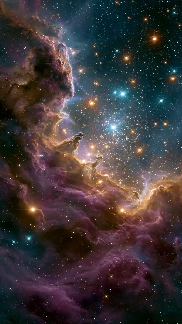 A vibrant violet stellar nursery with towering gas pillars surrounding a dense cluster of brilliant young stars.