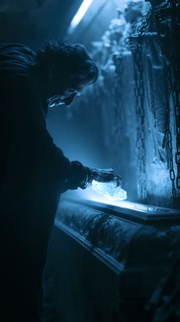 An elderly wizard reaches toward a glowing crystal resting inside an ancient stone sarcophagus deep within mysterious catacombs.